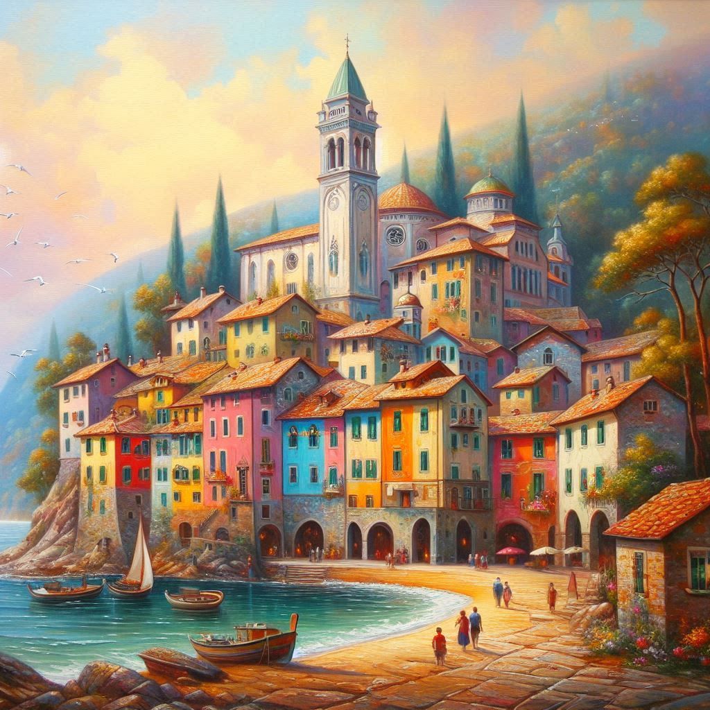 a Guido Borelli style painting of a italian medieval village by a beach. colorful. Guido Borelli style.
