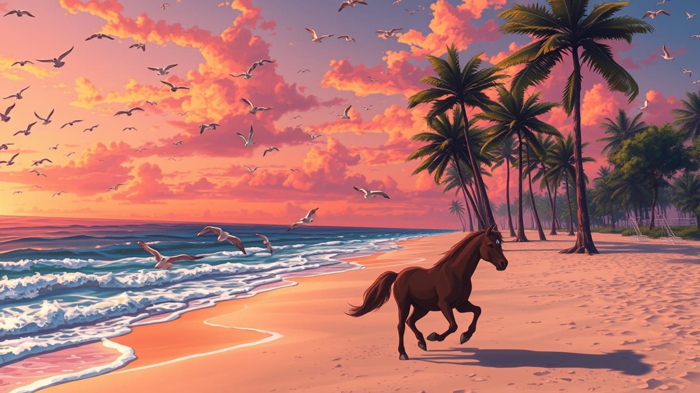 Animals happy on the sunset beach