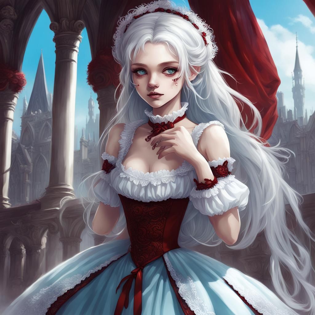 She is a cute silver-haired girl. Her heterochromatic eyes g...