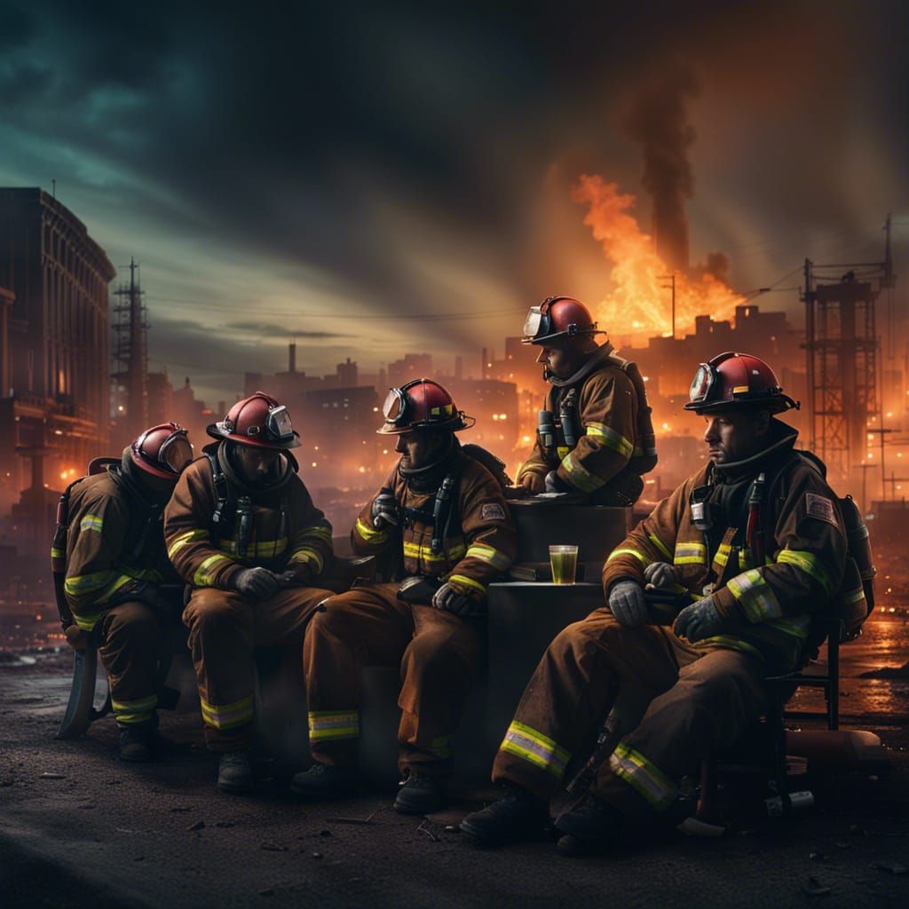 Firefighters sat down taking a rest