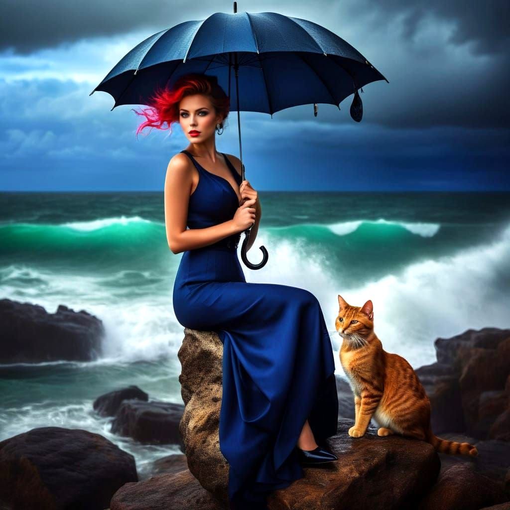 Ethereal Lady and Feline Companion Under Turbulent Sea Skies