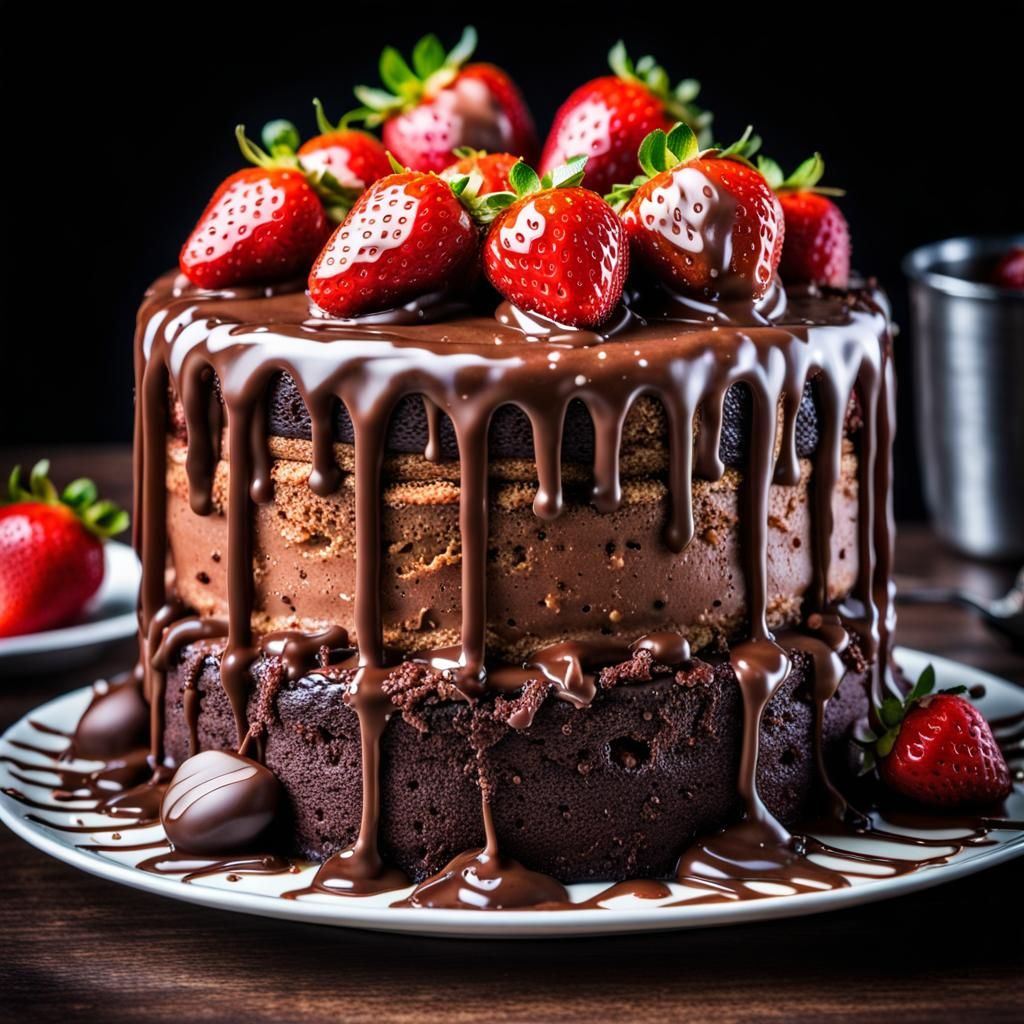 a fancy triple chocolate cake with strawberry's and drizzel intricate details, HDR, beautifully shot, ...  by @Patsy 