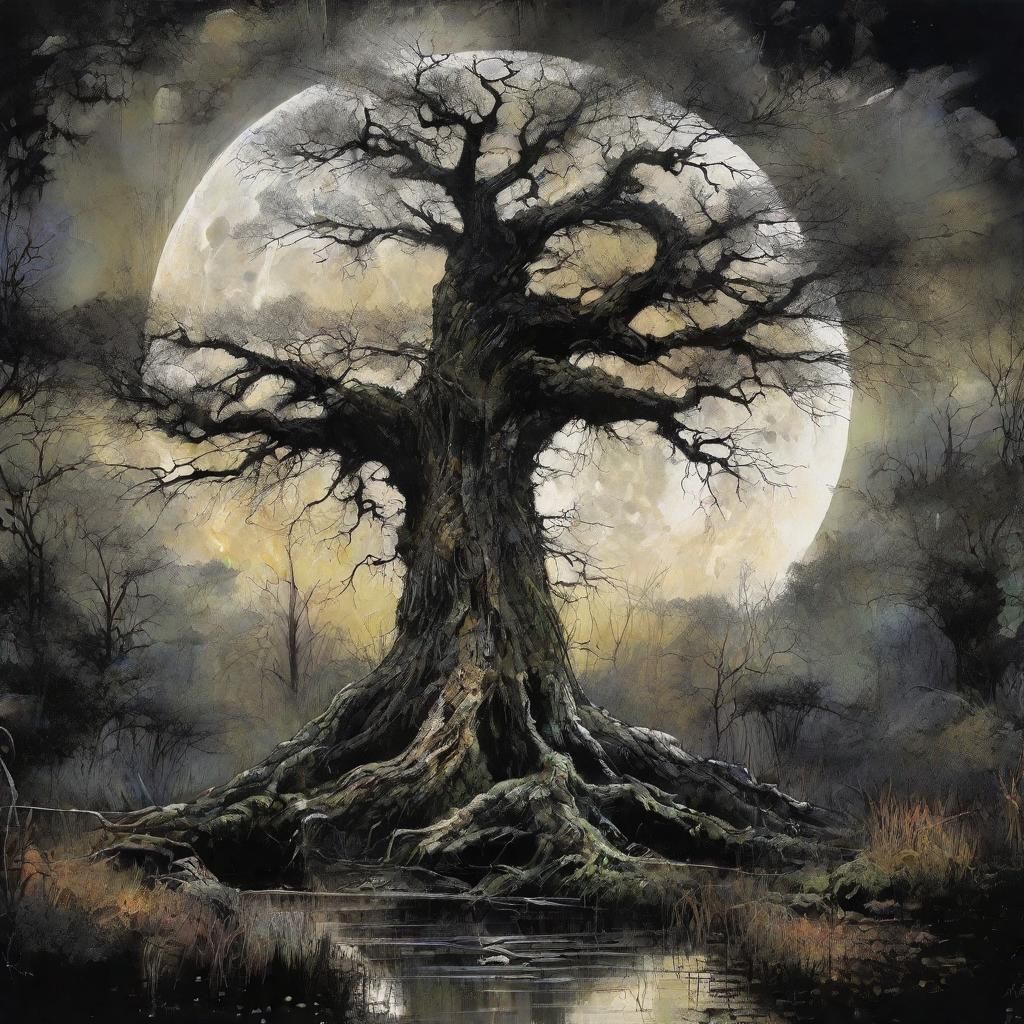 Mystical Swamp Tree in Ink Splatter Style
