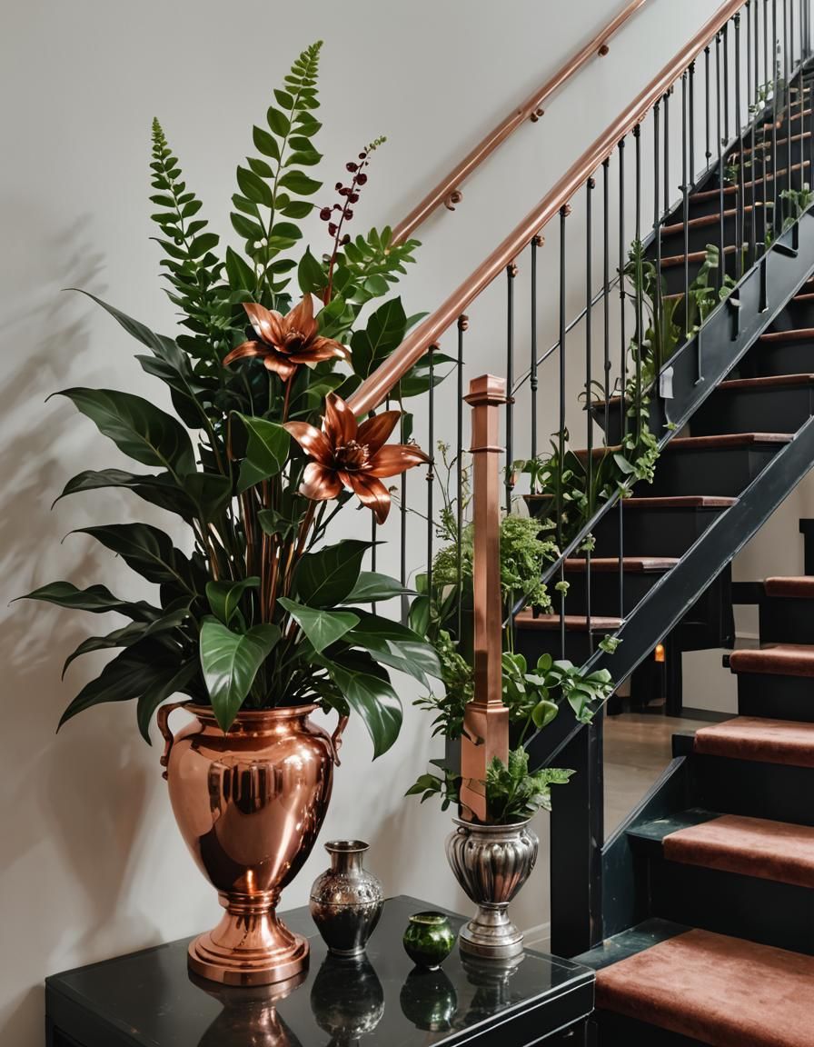 Copper staircase, silver vase, dark green plant, luminous ga...