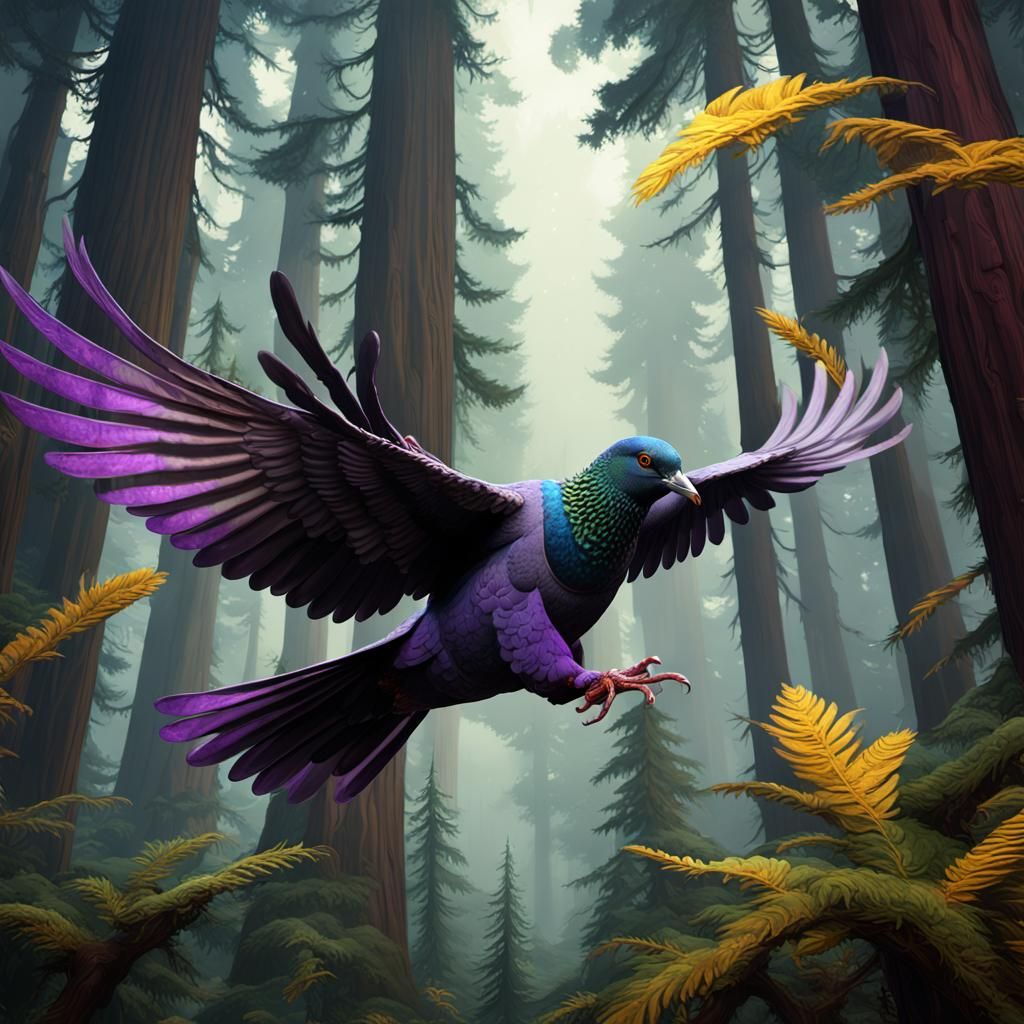 Flying pigeon in redwood  forest