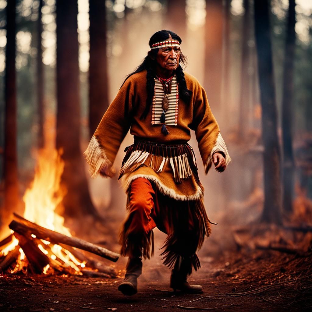 Native American Dancer in Forest Firelight Portrait