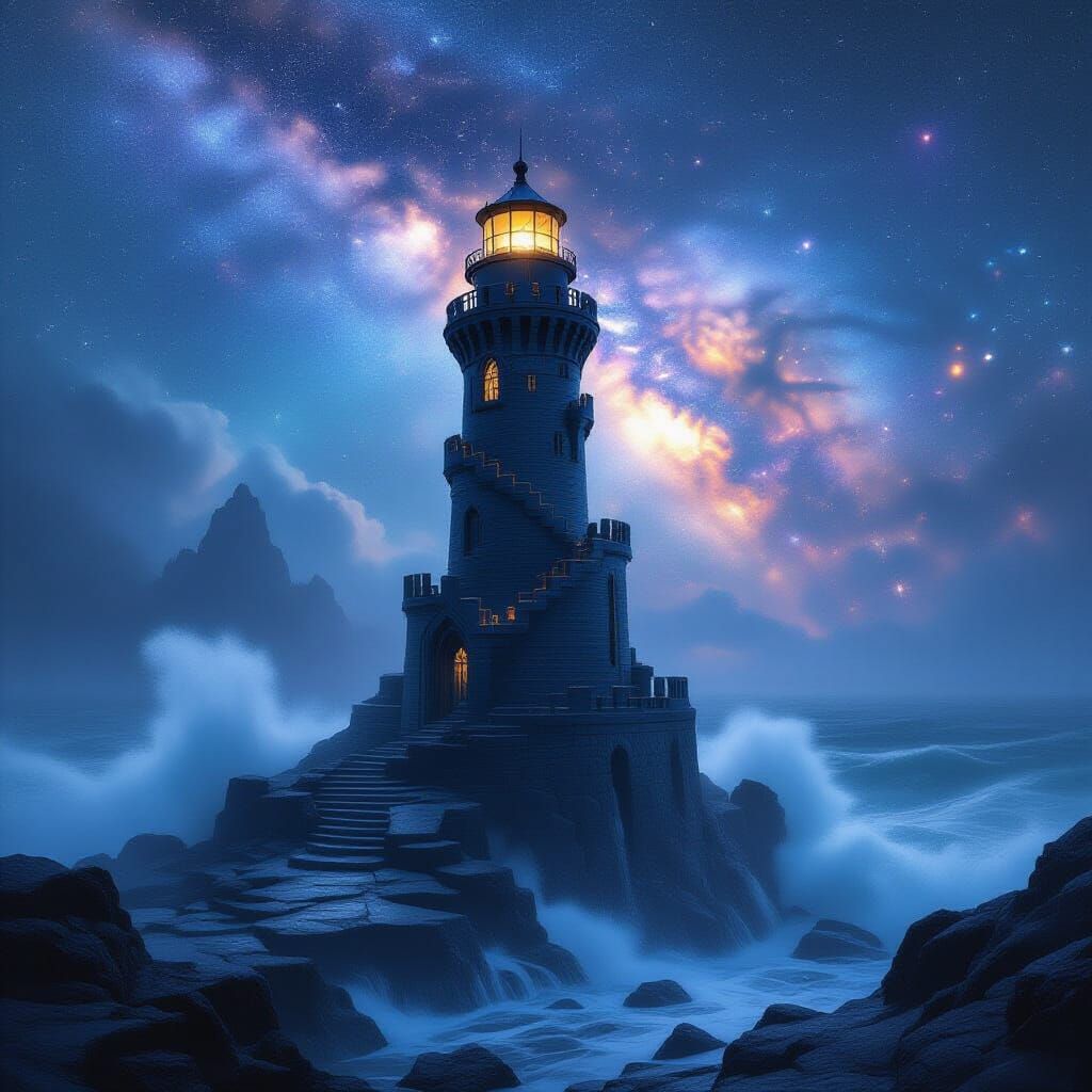 A fantasy scene of an obsidian lighthouse made of tiers of intricate ledges with Gothic architecture on a rocky coast glowing through heavy ...