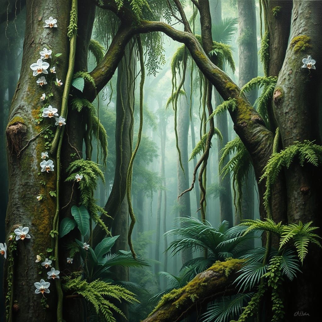 Photorealistic, Intricately detailed, Green, White, Silver, Dew, Oil on canvas, Trees, Vines, Scarred Forests, Treetrunks, Moss, Dark Rainf...