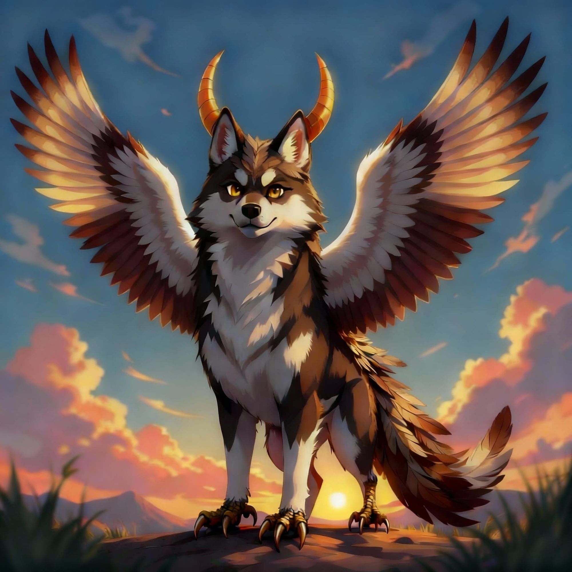 A cute normal husky with horns and hawk wings and  hawk talons