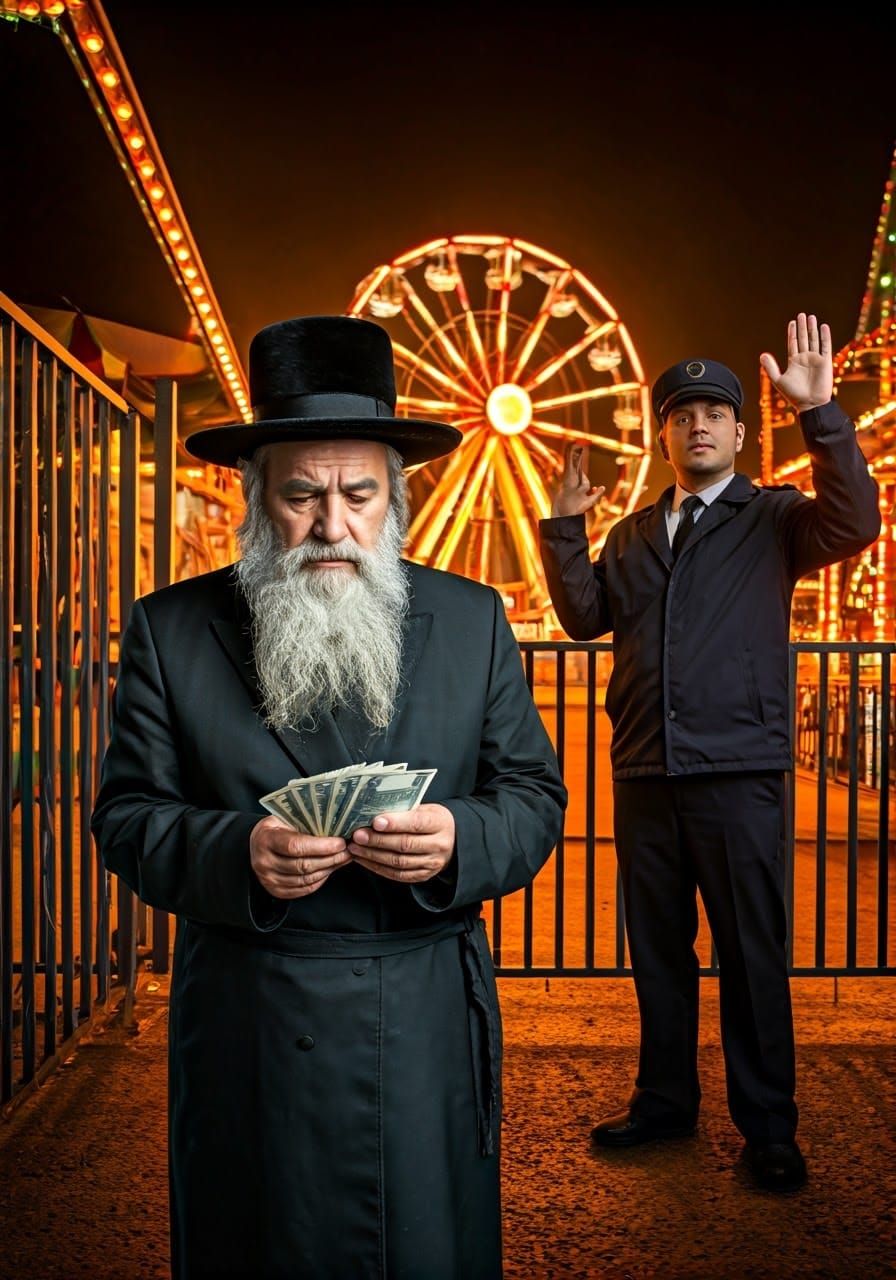 Orthodox Rabbi at Amusement Park Entrance in a Dystopian Set...