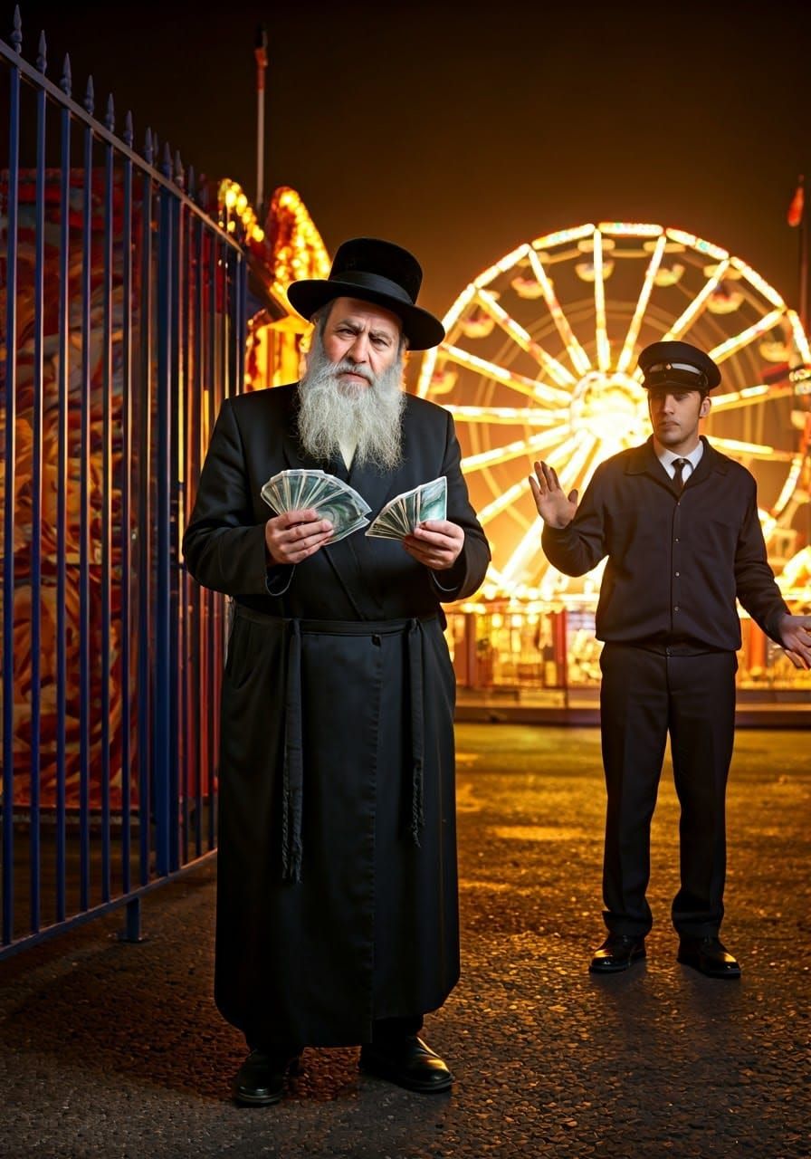 Orthodox Rabbi Surveys Amusement Park Entrance with Contempl...