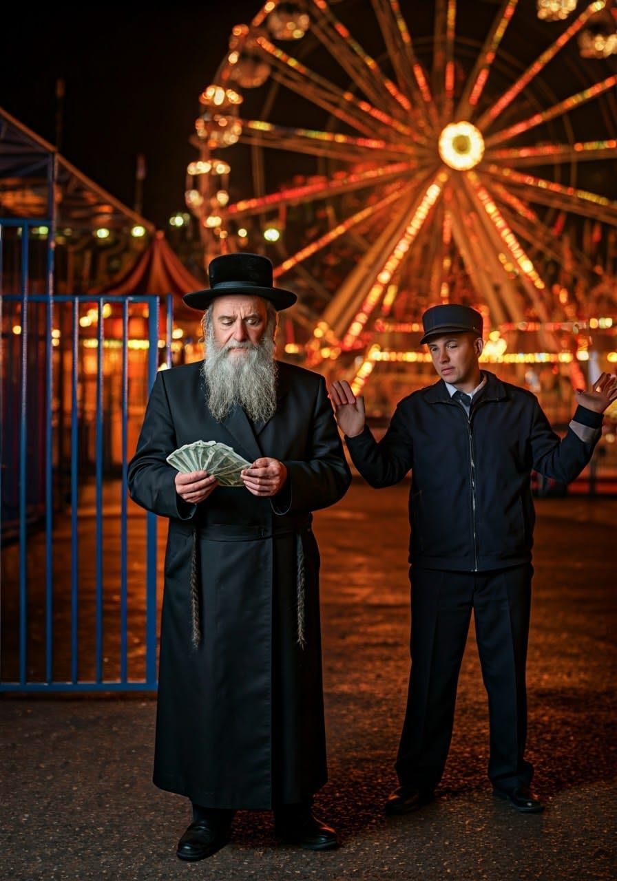 Elderly Orthodox Rabbi Surveys Amusement Park Entrance in a ...