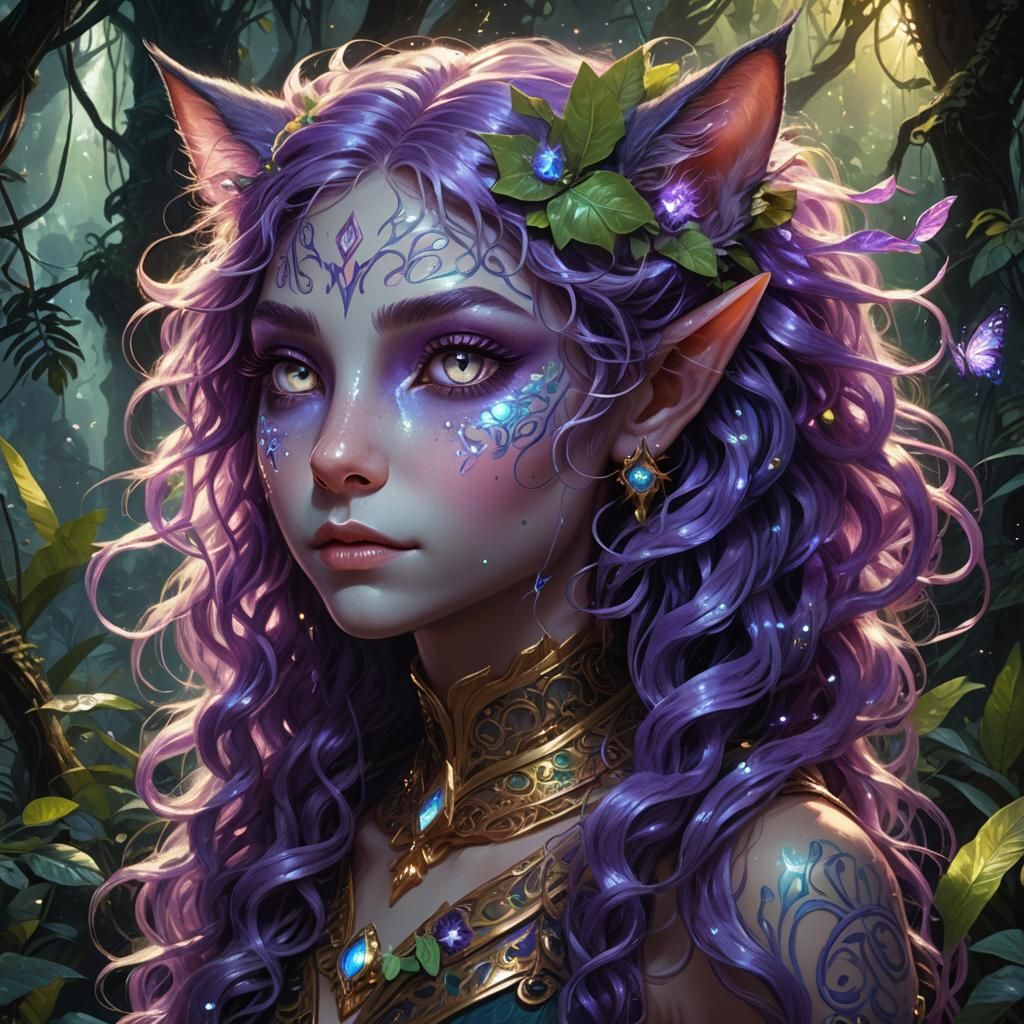 portrait of a beautiful fantasy cat elf in a jungle, long swirling ...