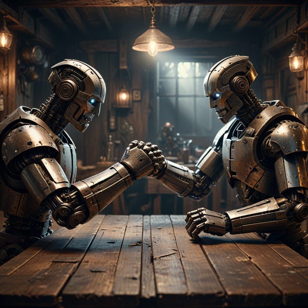 Robots Arm Wrestling in Grimy Tavern