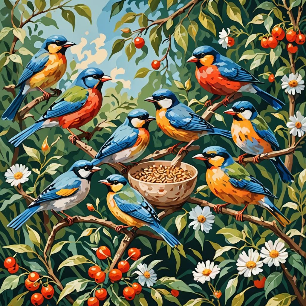 paint-by-numbers kit featuring a group of birds eating seeds