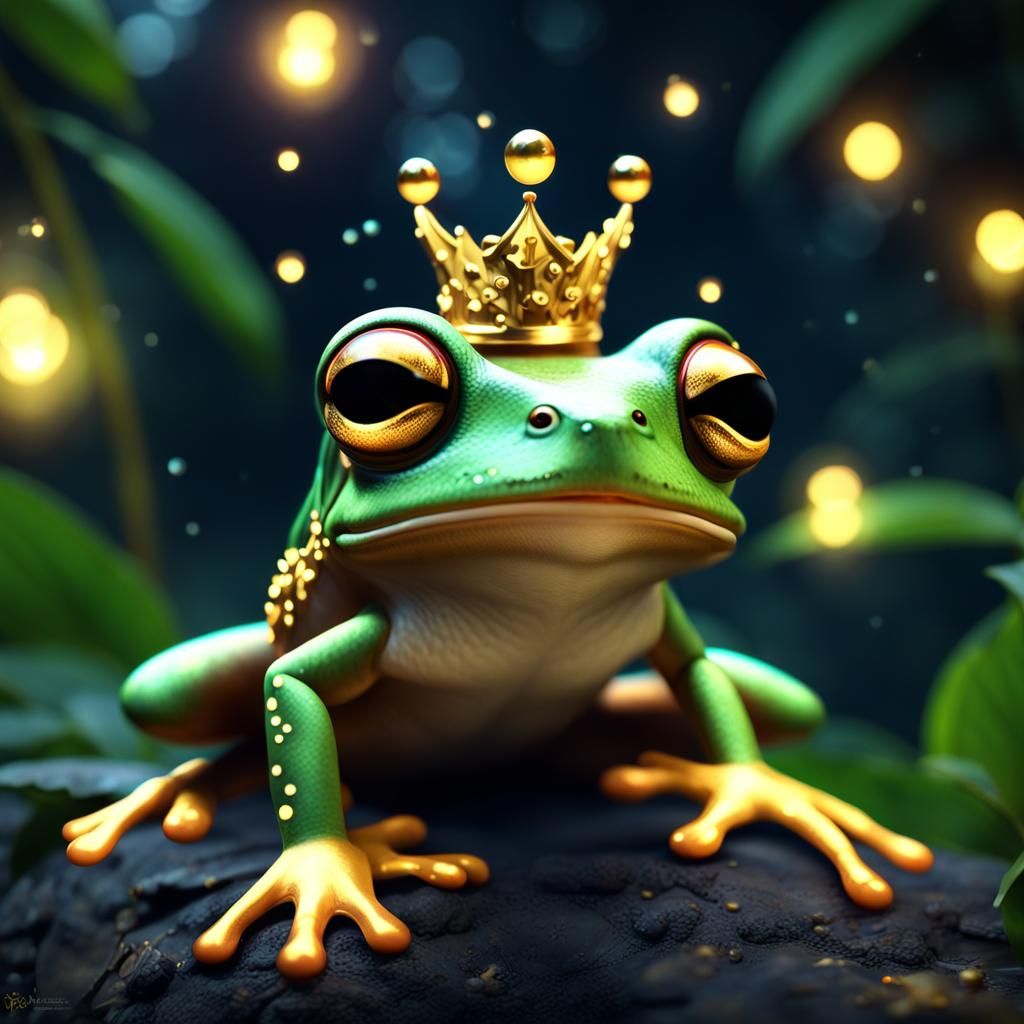 cute gold coqui tree frog kawaii japanese wearing gold crown in ...