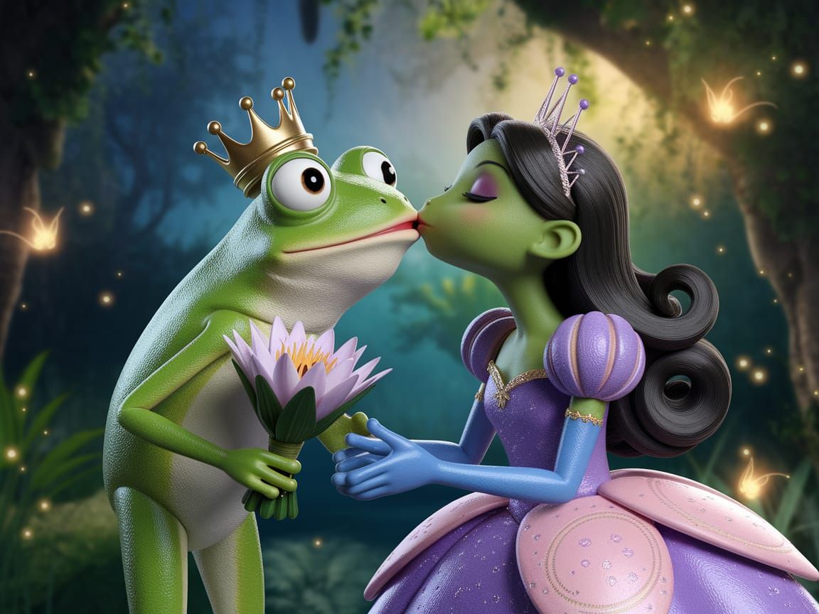 A surprised frog with wide, surprised eyes and a charming smile, wearing a tiny crown and holding a bouquet of water lil...