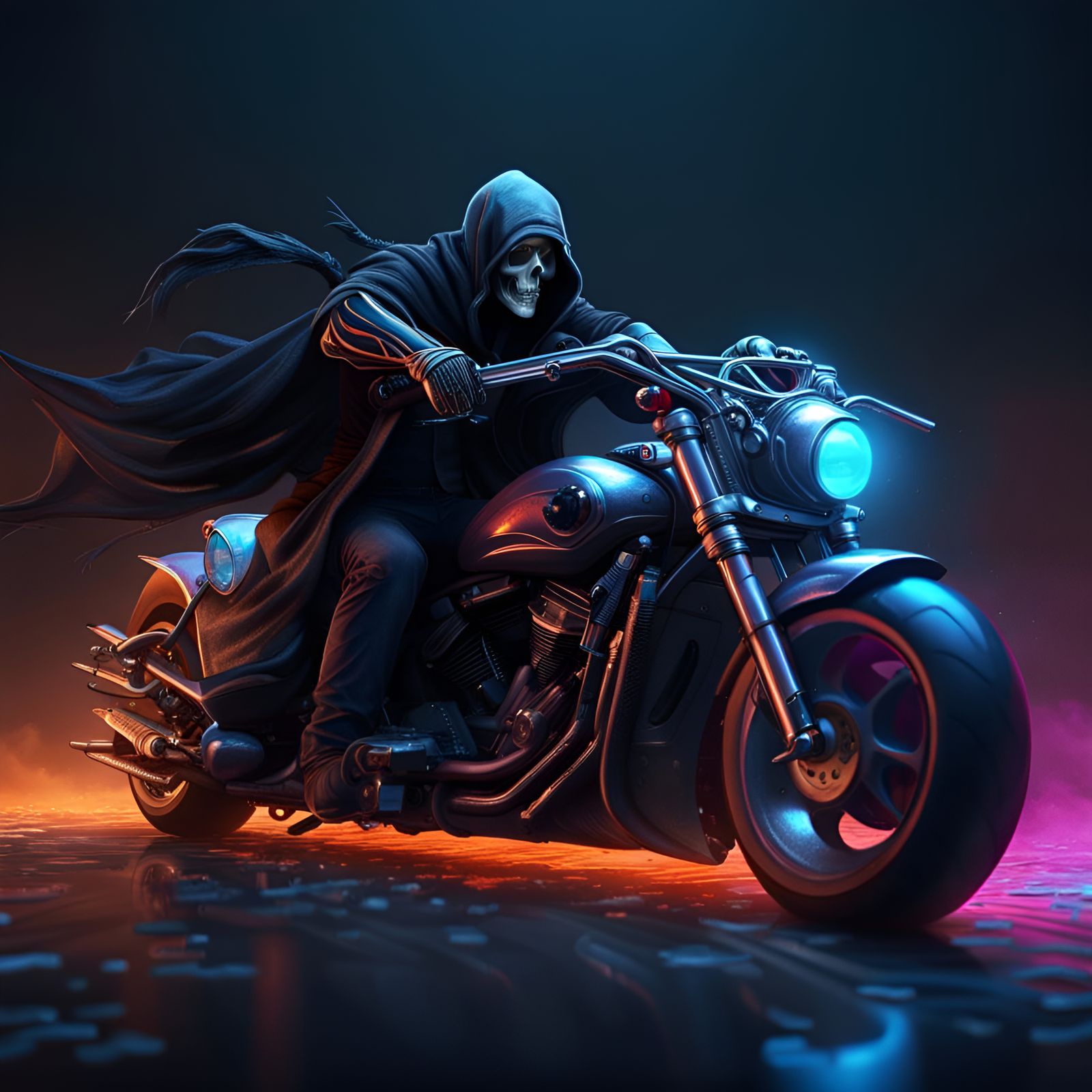 grim reaper on motorcycle Hyperrealistic, splash art, concept art, mid shot, intricately detailed, color ...  by @Jet Wild