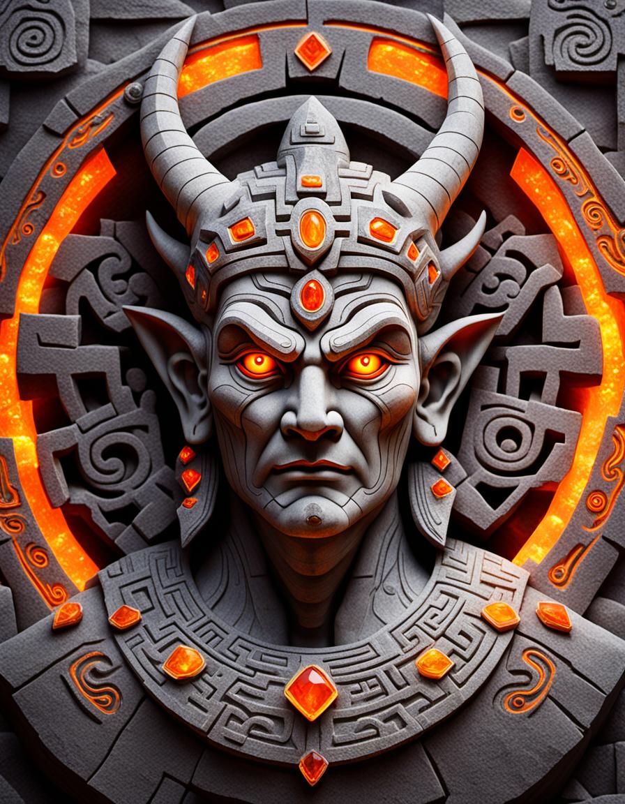 scenic picture of a ancient gambling god, grey stone face, p...