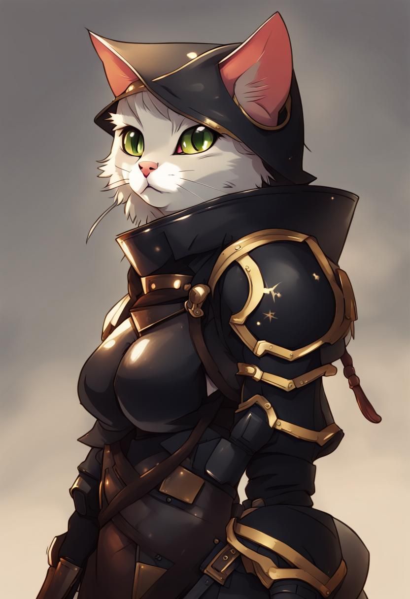 no chest anthropomorphic small black cat wearing armor and c...