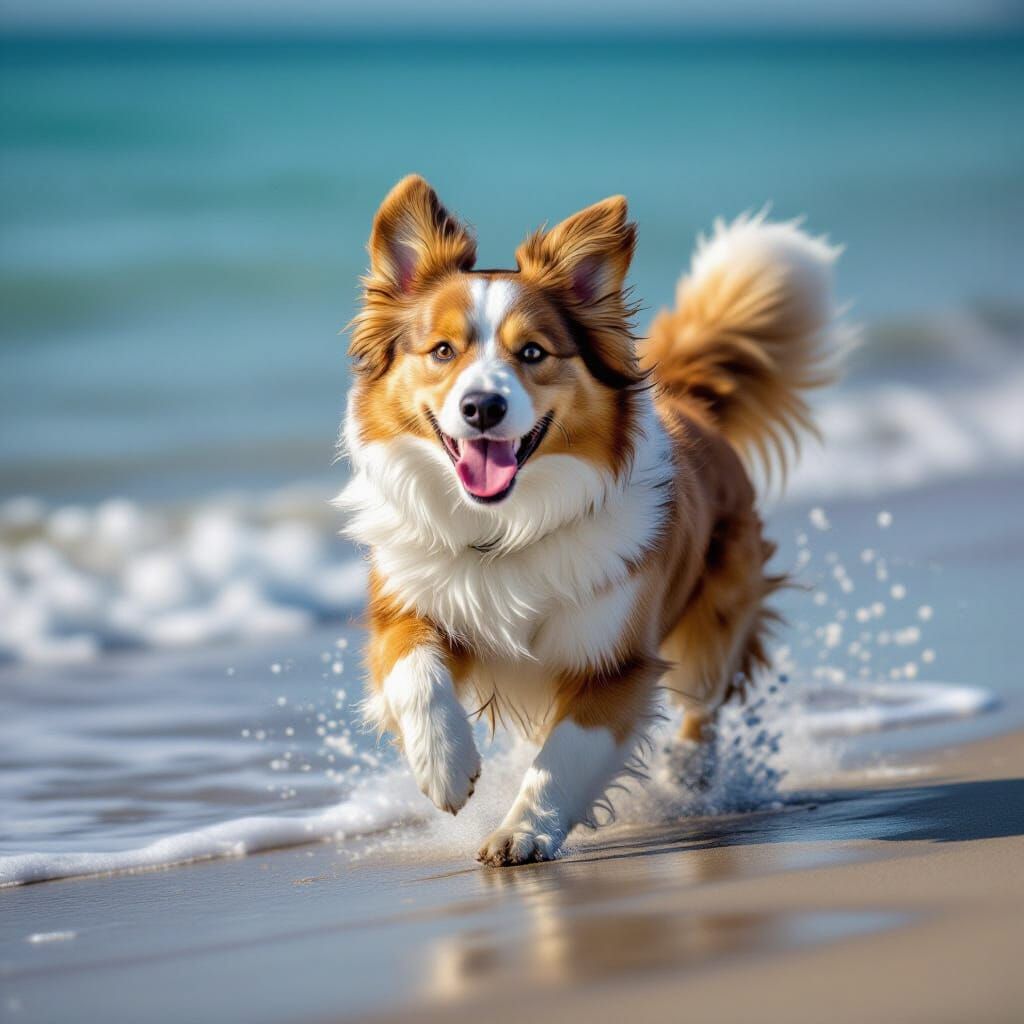 Cute Puppy Running on a Beach with Water Splashes