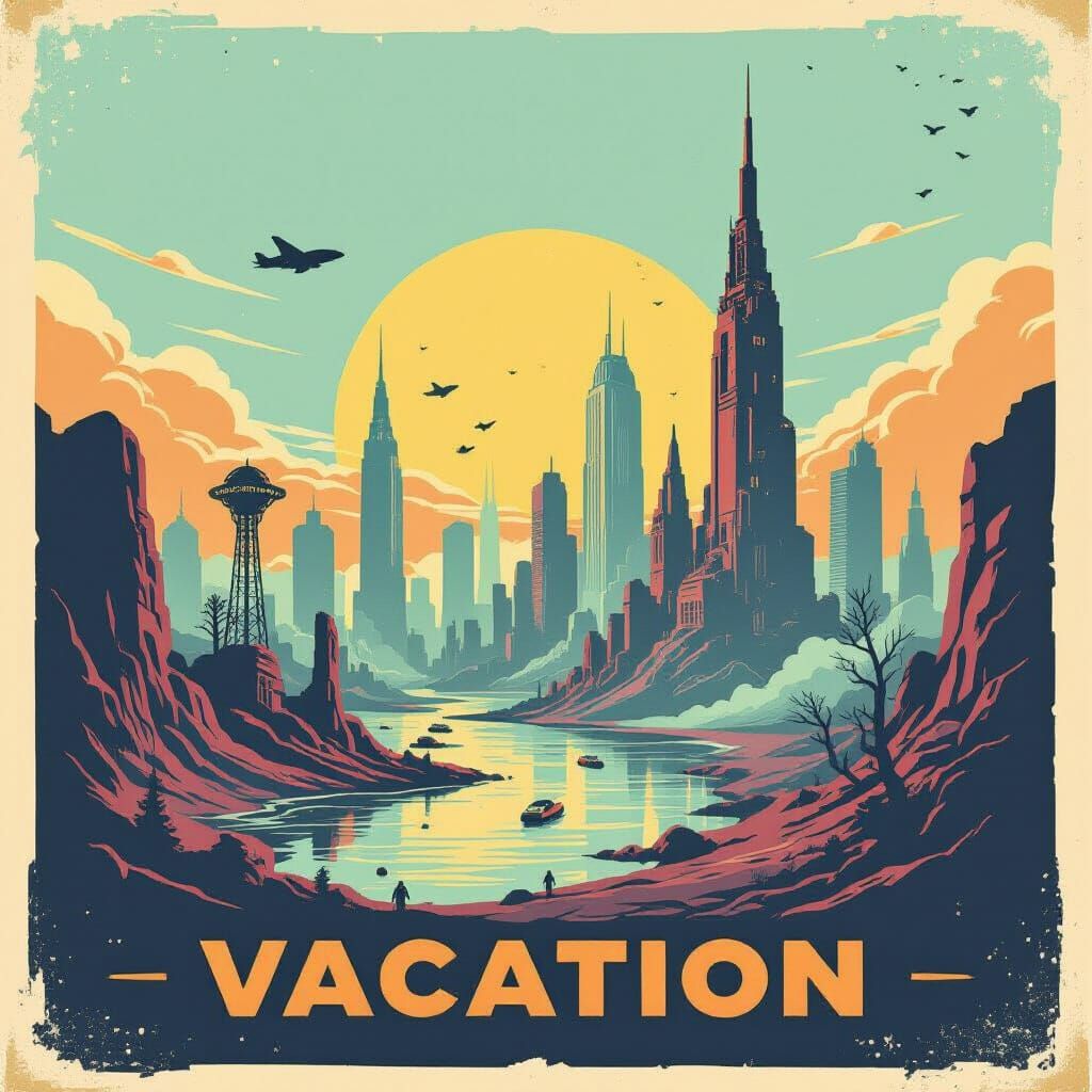 Retro travel propaganda poster inspired by Fallout universe