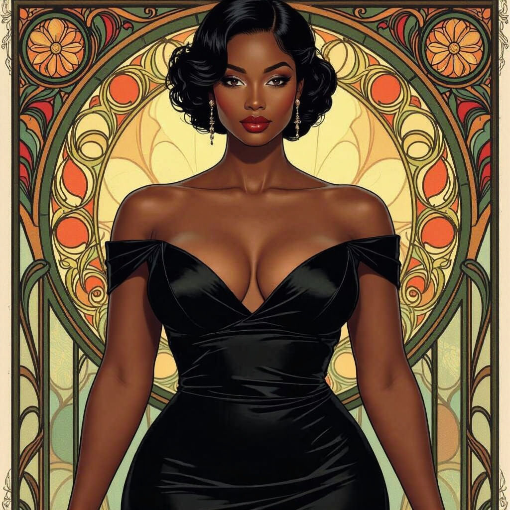 a lady with dark skin with defined curves wearing a fitted black dress 