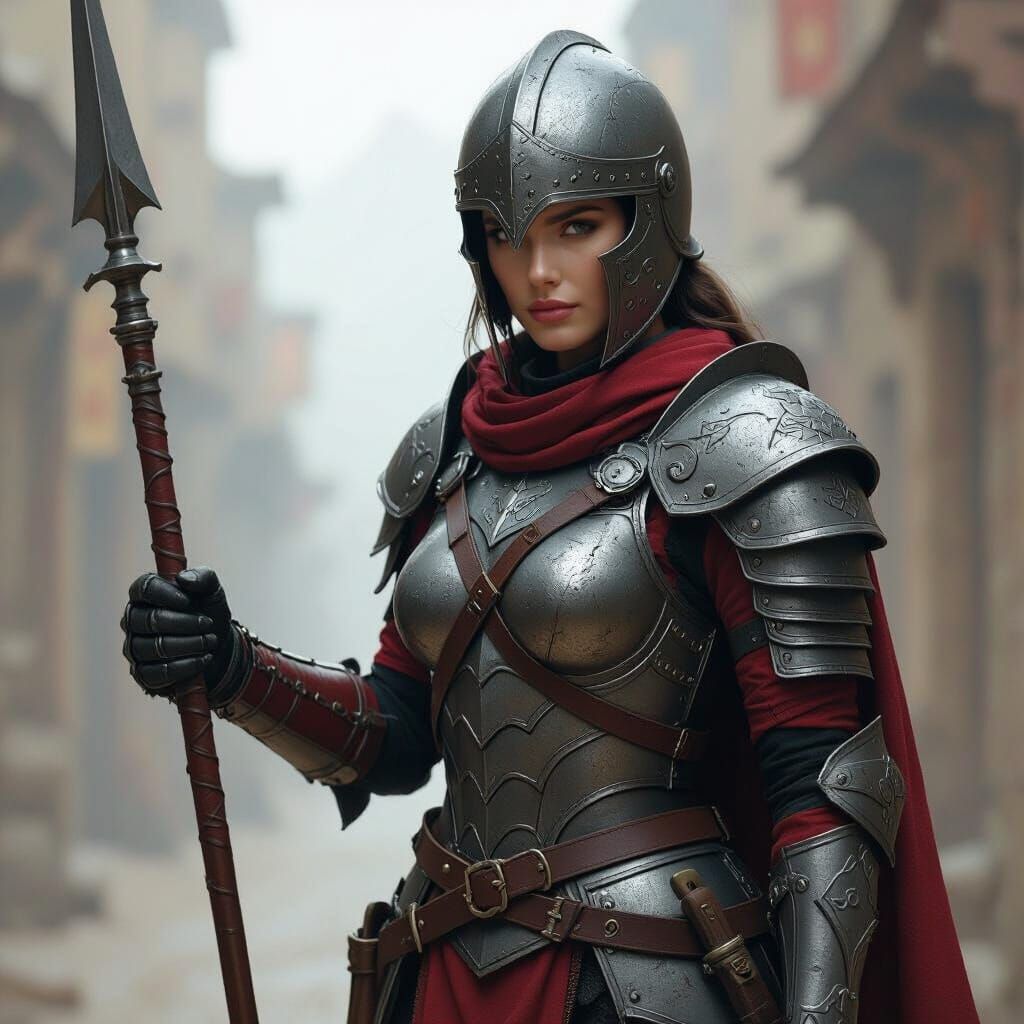 Armored Woman Warrior with Spear and Gladius