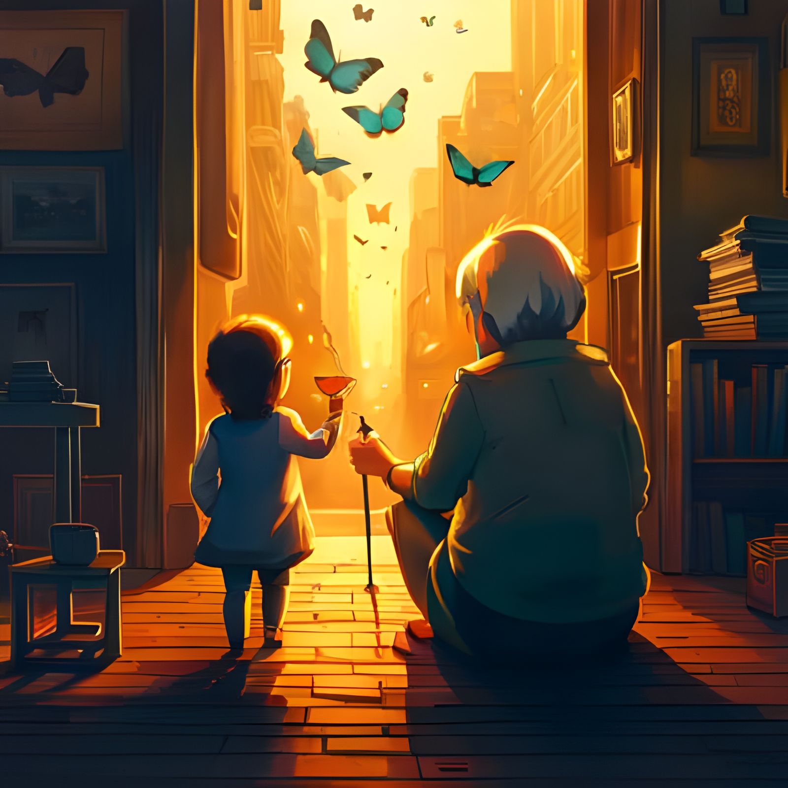 Neon Butterflies Observed by Grandmother and Granddaughter