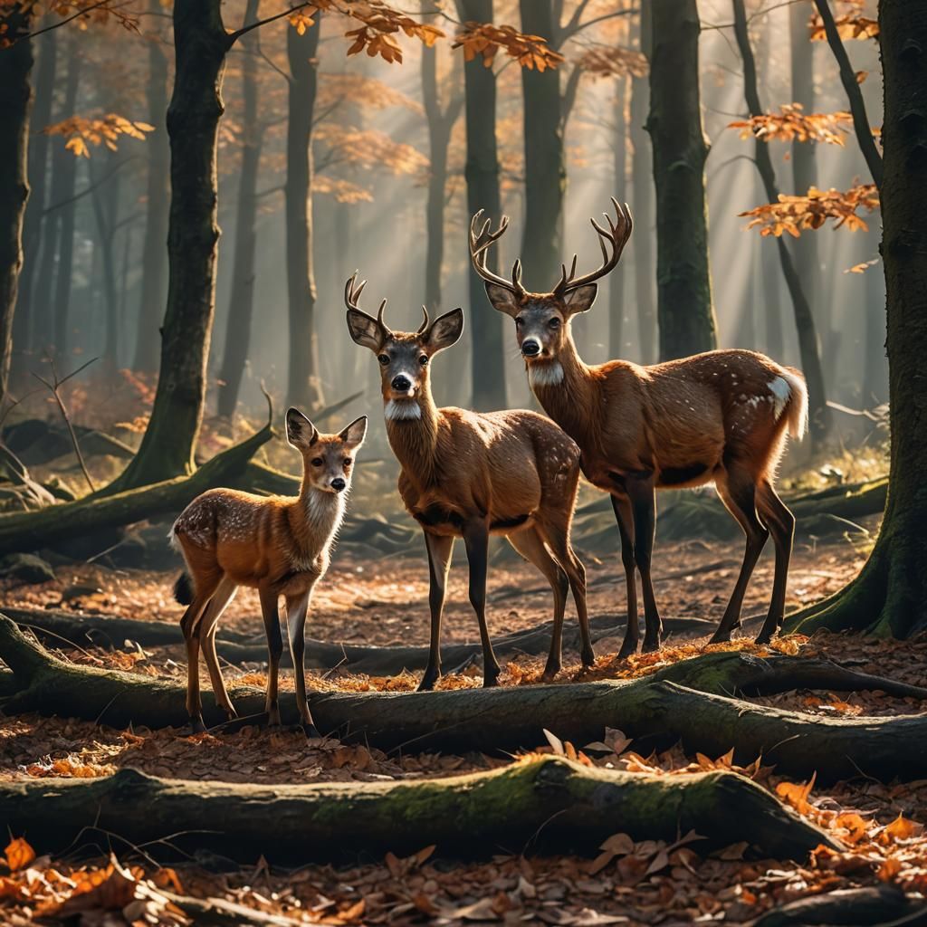 Deer and Fox in Autumn Sunlight