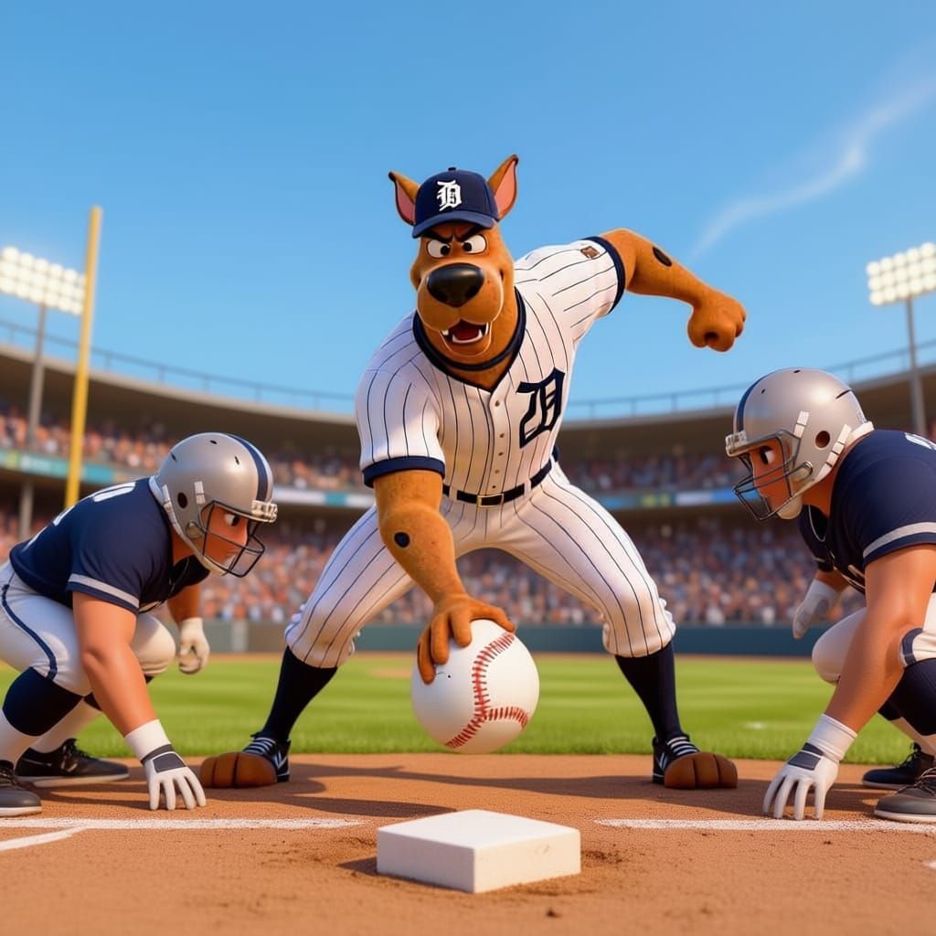 Scooby doo  is the center on an offensive  football line snapping a football. Scooby doo is wearing a detroit tigers  uniform  and baseball ...
