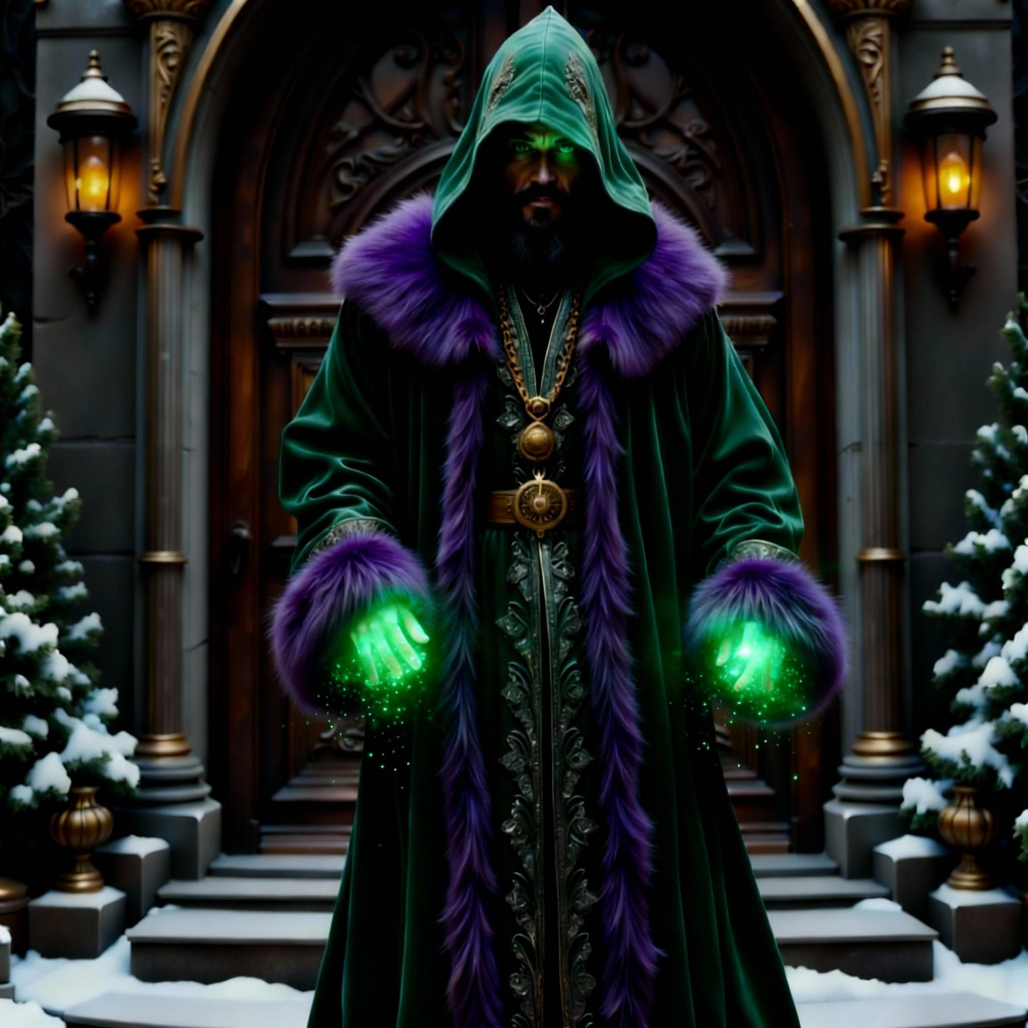 <lora:Alchemie Wizard:1.0> <lora:Dream Wizards:1.0> powerful fantasy sorcerer standing outdoors in front of a massive carved wooden door fra...