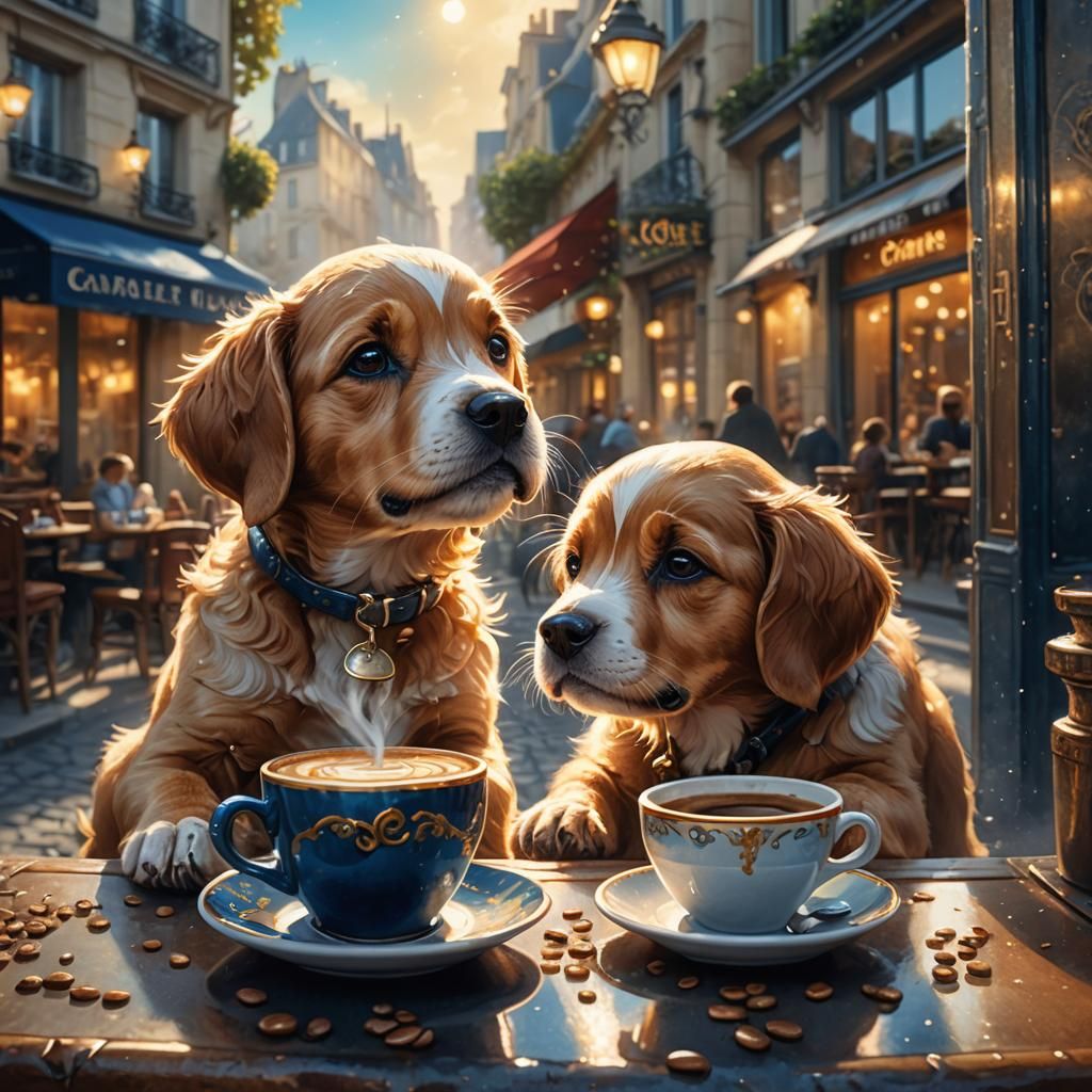 An adorable smiling happy puppy dog drinking his coffee in a café in Paris   by @Physarium
