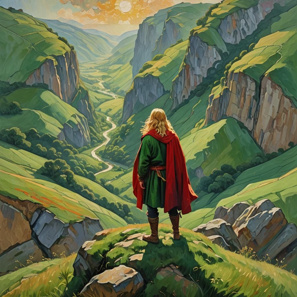 Young Man in Valley: Expressionist Oil Painting