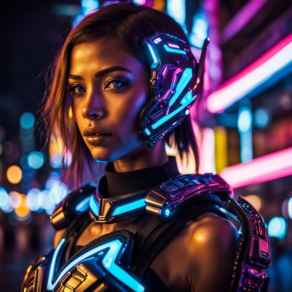 Portrait of a cyborg girl wearing futuristic face armor in a...