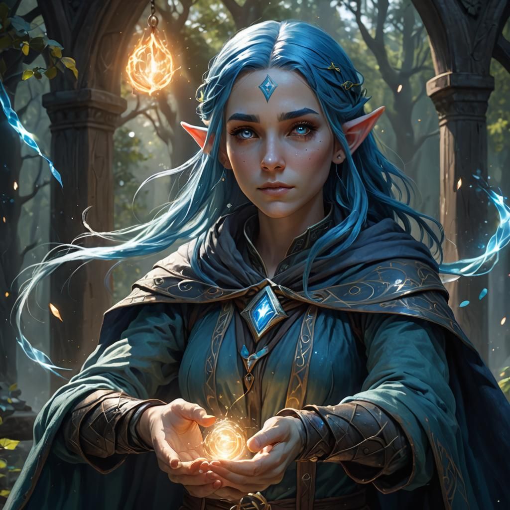 A young female elf with blue hair, wearing a cloak. Her hand...