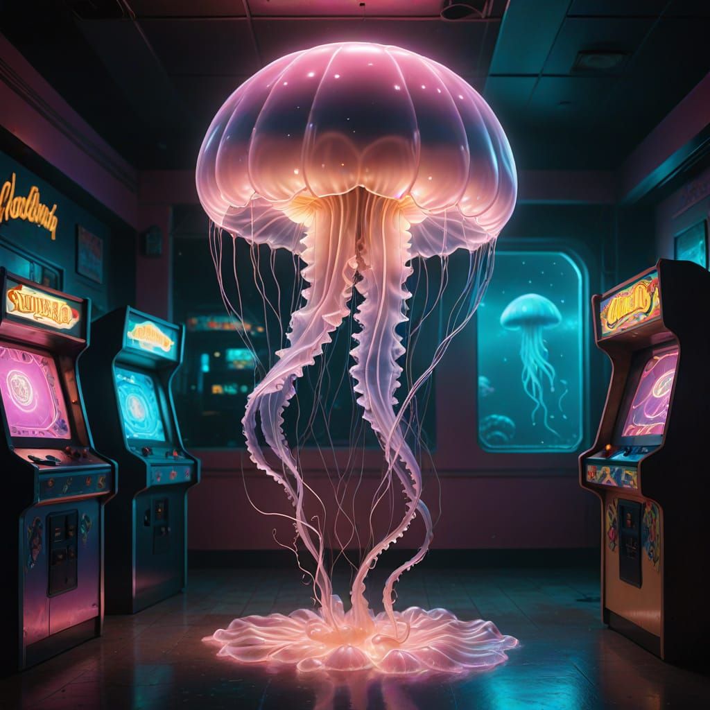 No-Theme Thursday. Photorealism. A surreal and humorous scene of a giant, translucent jellyfish gently hovering over a deserted, nostalgic 1...