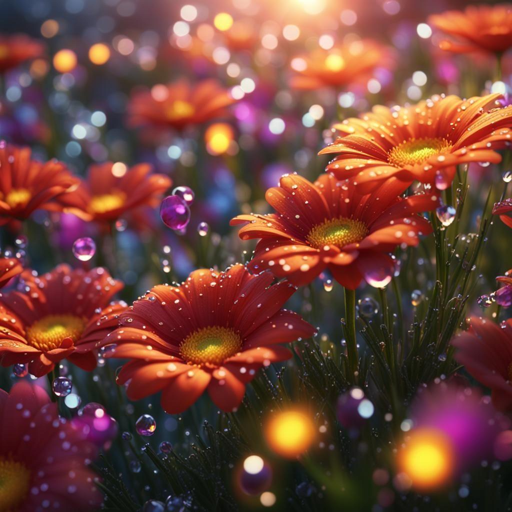 'Dewdrops On Vibrant Flowers'  by @Kizby