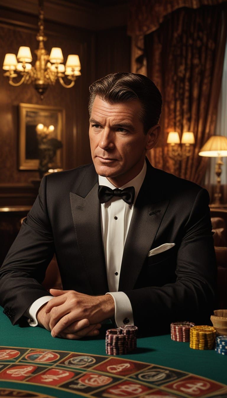 Pierce Brosnan sipping on his martini behind a roulette table