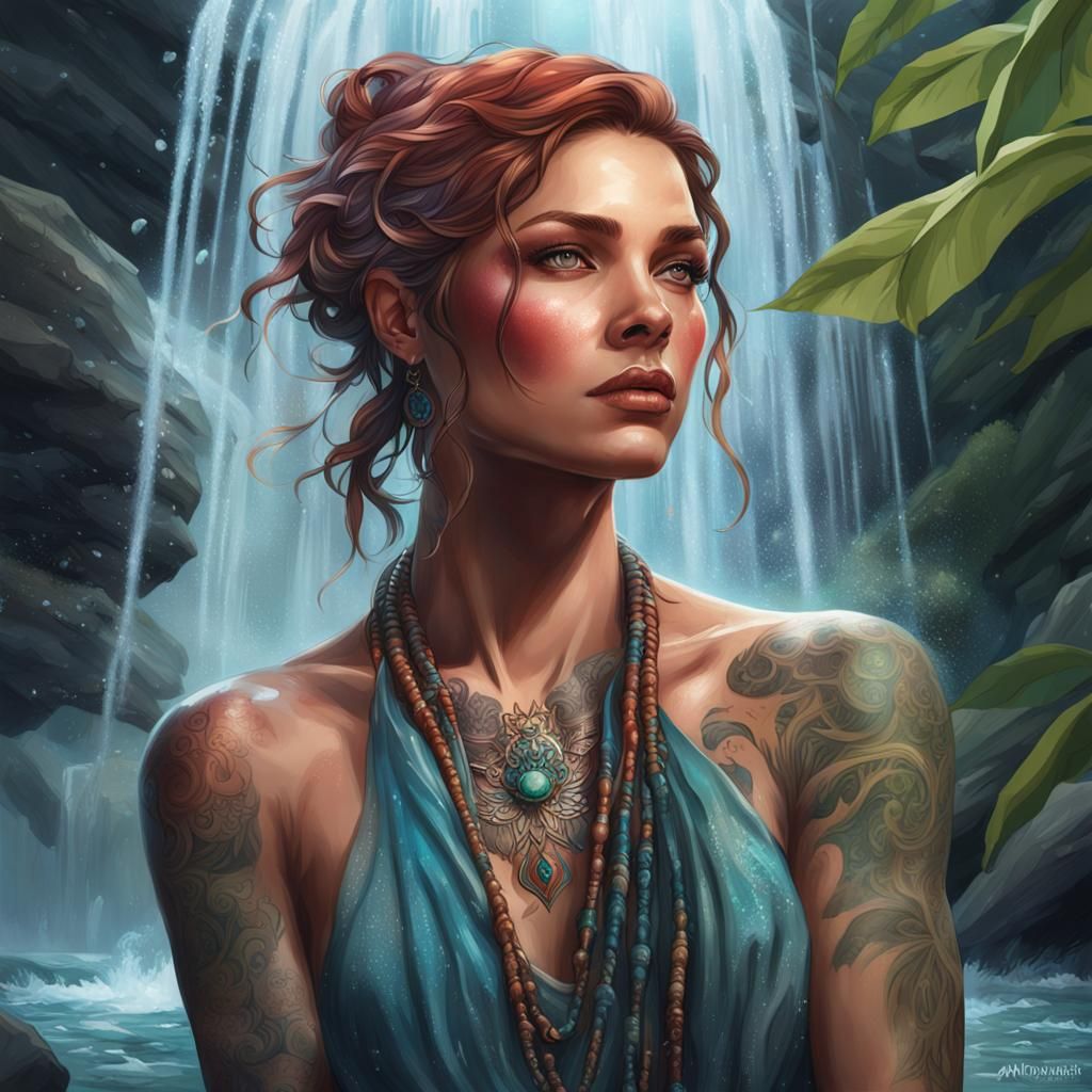 Stunning woman under a waterfall with a tattooed chest
