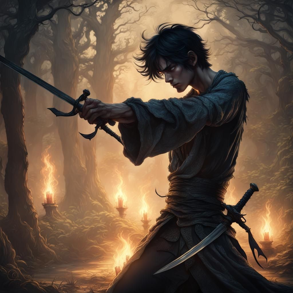 Candlelit Fairytale Fight in Anime Chiaroscuro Style