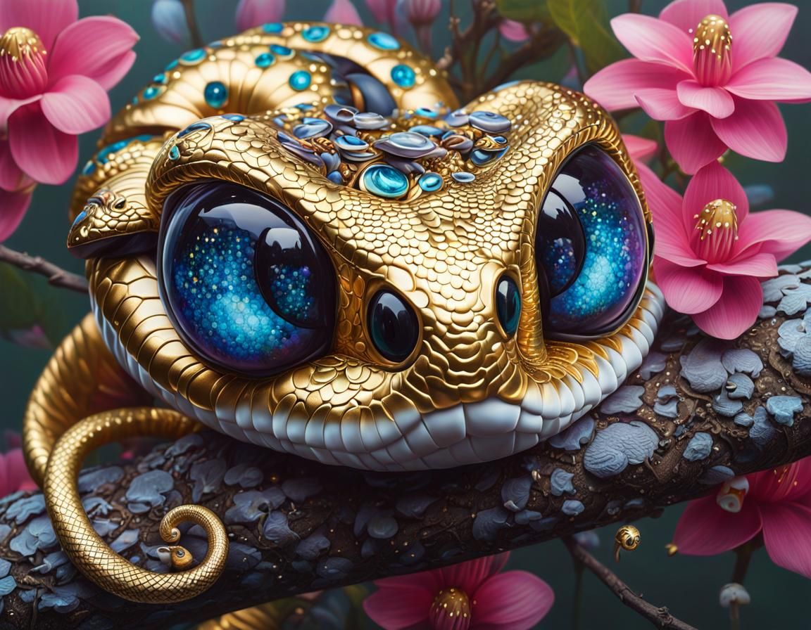 insanely detailed flower snake wrapped around a branch,  det...