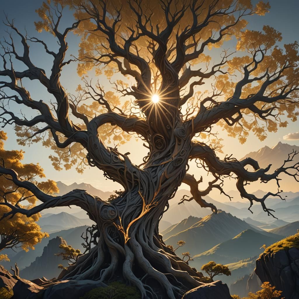 Humanoid Tree on Mountain Peak at Sunrise
