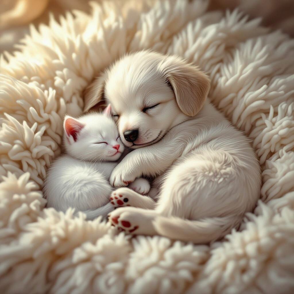 White puppy and white kitty sleeping on a white fuzzy rug  by @Melissa Fischer
