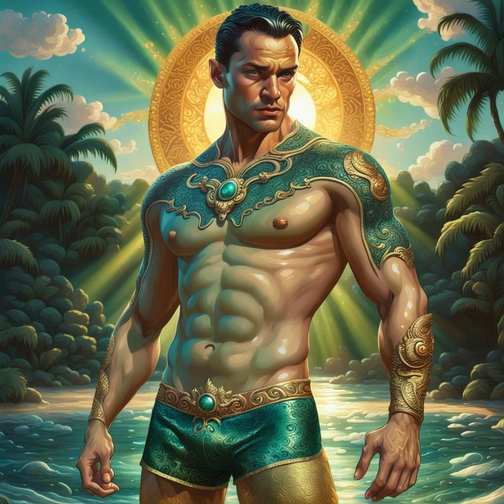 Stunning Beautiful Marvels MALE Mayan God Namor. sunrise, glowing sun ...