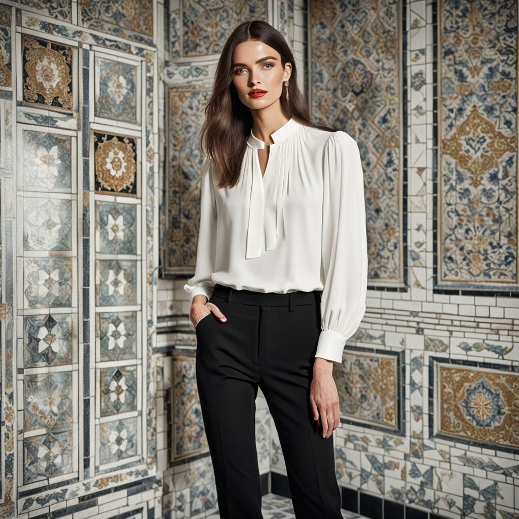 A young woman wearing business casual; in a luxury tiled roo...