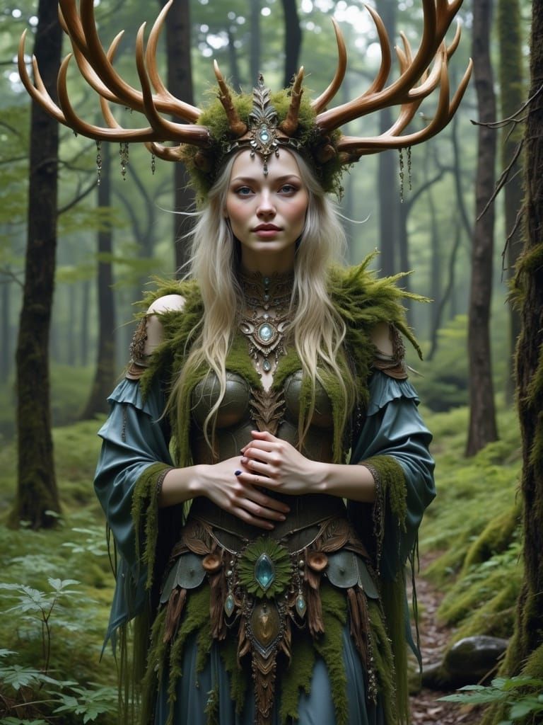 <lora:Wild Thing Flux:1.0>  in the woods, Antler-crowned ornately embellished feral Wild woods-witch ready for a ritual celebration, layere...