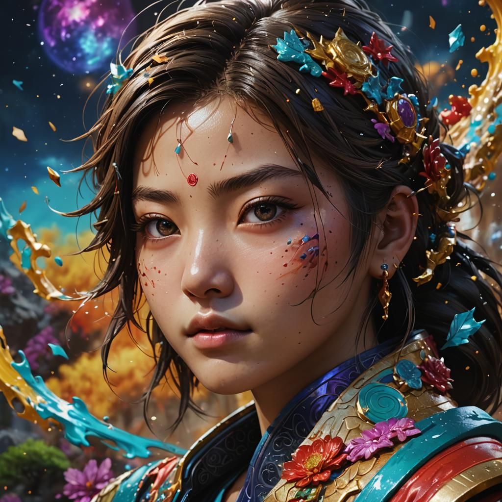 a close up of a woman with a flower crown on her head, a pho...