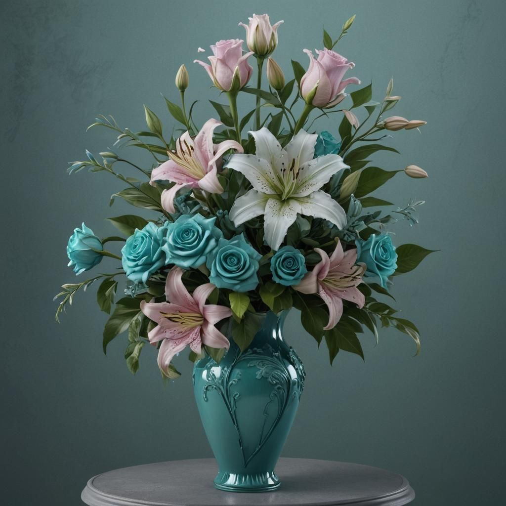 "a bouquet of flowers showcasing elegant AQUA roses and lili...