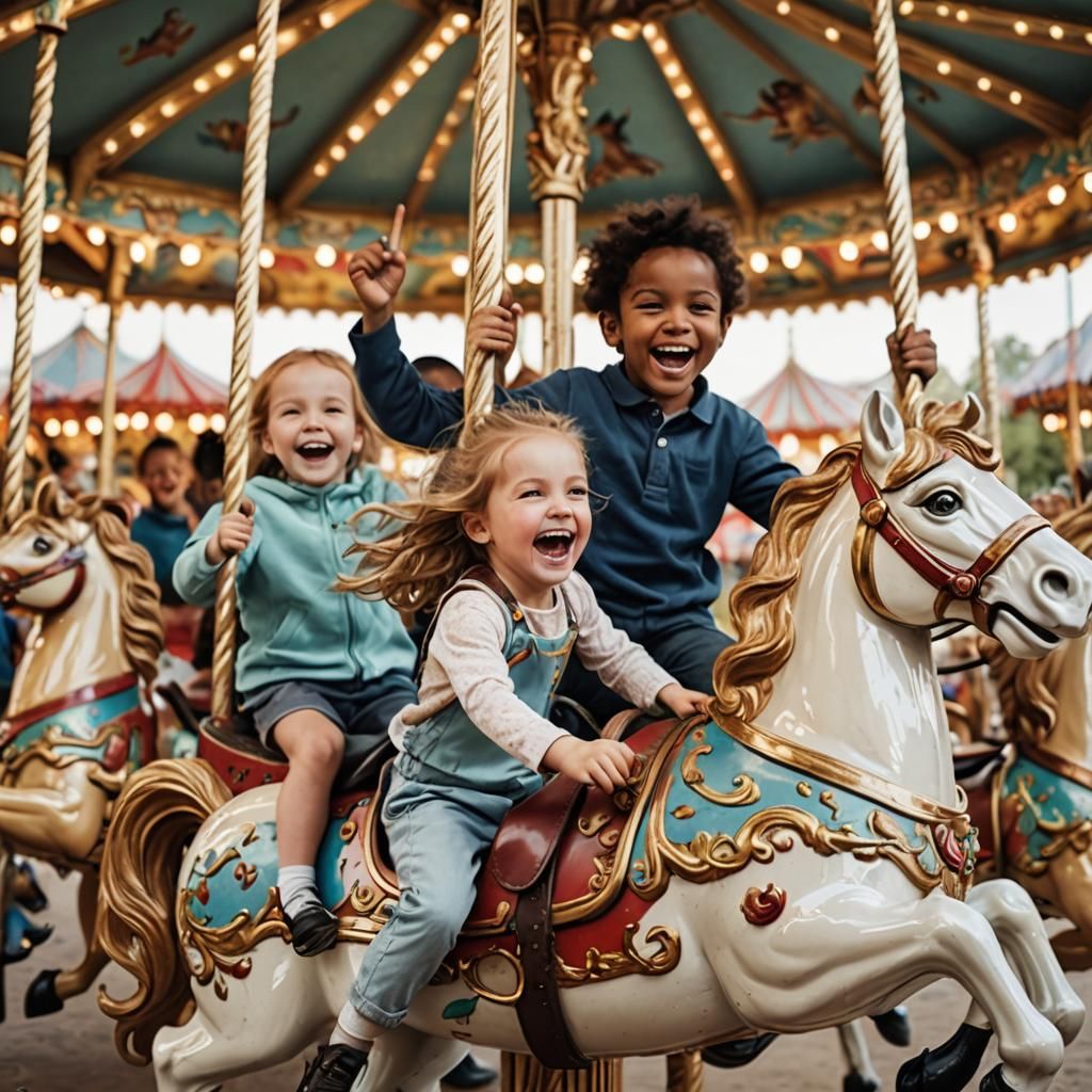 Joyful children riding a carousel  by @Merc